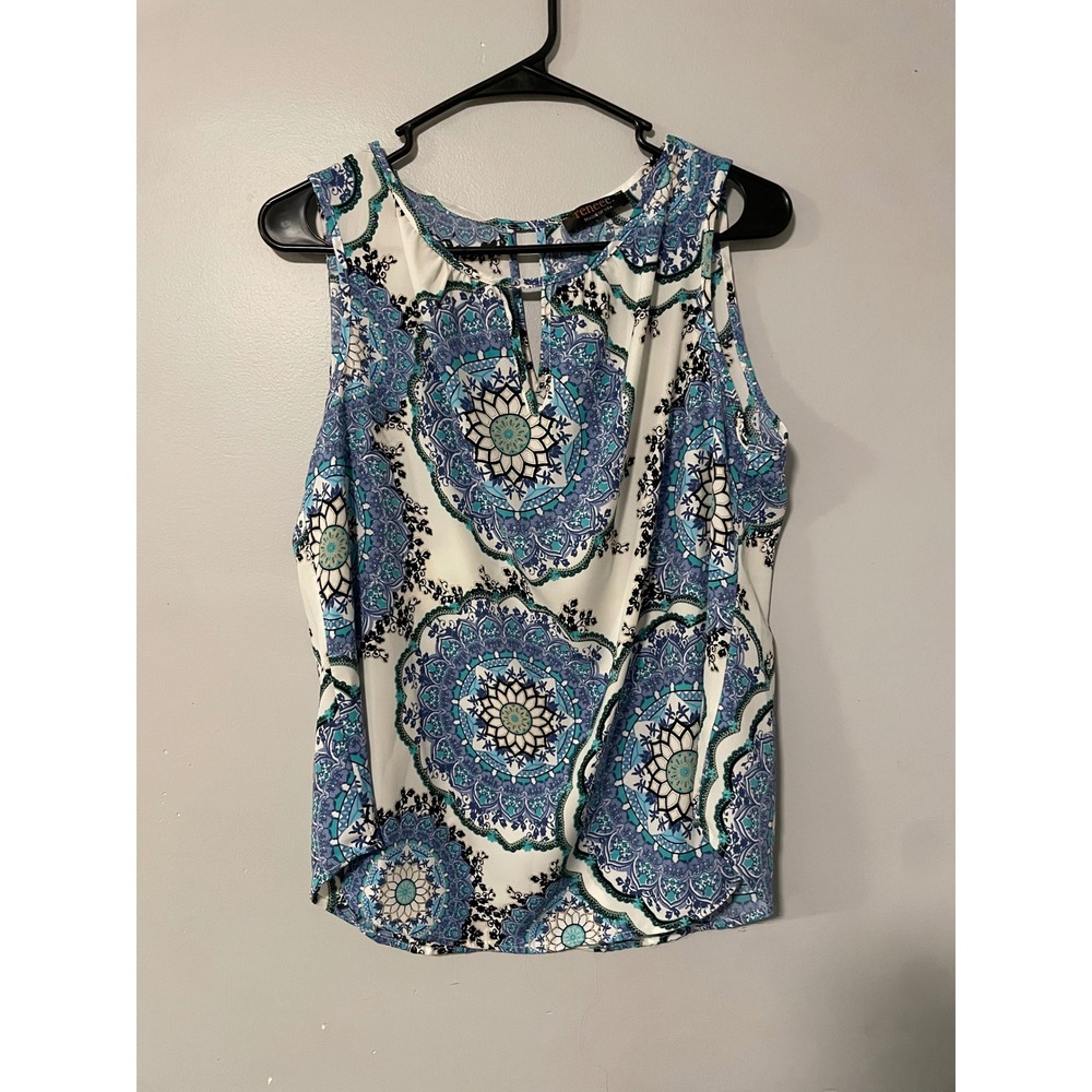 Renee C Blue Teal Mandala Medallion Sleeveless Keyhole Blouse Top Medium